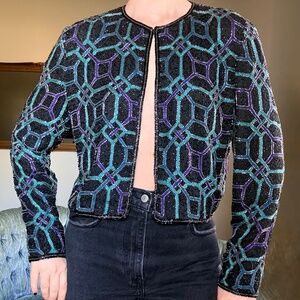 Niteline Vintage Black Silk Beaded Embroidered Cropped Art Deco Jacket Medium